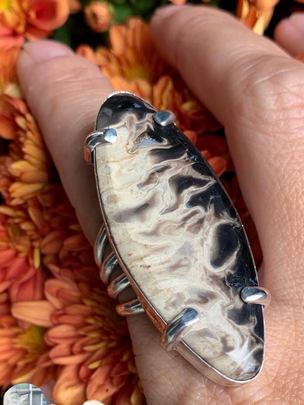 Petrified Palm Root stone sterling Silver Statement Ring 8.5